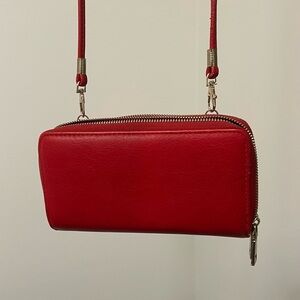 Red Leather Double Zip Wallet Crossbody